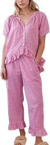 2 tlg Rosa Gingham Pyjama Set Rüschen PJ Baumwolle Kurz Puffärmel Babydoll XXL - Bild 1 von 10
