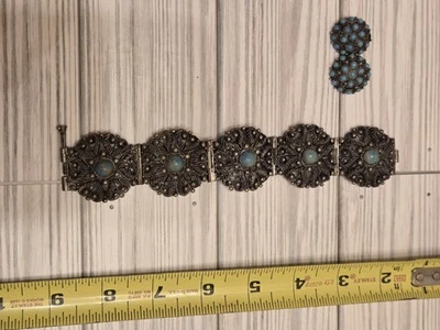 Antique Victorian Silver Sleeping Beauty Turquoise  Bracelet Earrings - Image 1 of 4