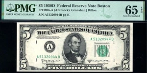1950D $5 Boston Federal Reserve Note FRN • 1965-A • PMG 65 EPQ - Picture 1 of 2