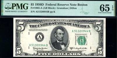 1950D $5 Boston Federal Reserve Note FRN • 1965-A • PMG 65 EPQ - Image 1 of 2