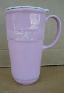 Longaberger Pottery Woven Traditions ceramic Travel Mug w Lid Pink Cancer Ribbon - Picture 1 of 6