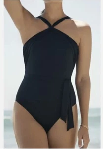 NUEVO $134 Talla 12 Diosa Isla La Blanca Drapeado Cuello Alto Una Pieza Negro - Imagen 1 de 4