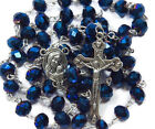 Deep Blue Crystal Beads Rosary Catholic Necklace Holy Soil Medal Cross Crucifix