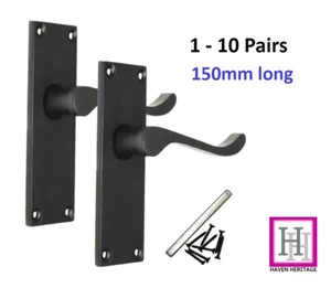 Door Handles Victorian Scroll Lever Latch Matt Black - Back Plate 150mm x 43mm - Picture 1 of 26
