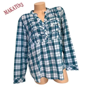 Camicetta donna Torrid taglia 0 più Roll Tab maniche lunghe scollo a V top cotone a quadri - Foto 1 di 8