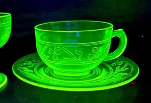 Juego de tazas y platillos vintage Hazel Atlas hoja de trébol verde vidrio de uranio - Imagen 1 de 17