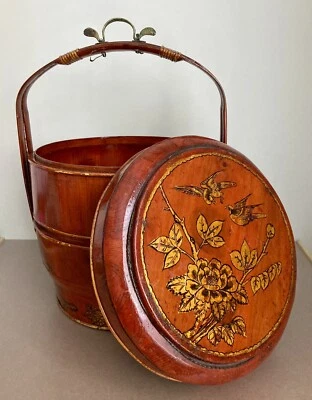 Antique Chinese Painted and Lacquered Wood Wedding Basket 3-Piece - Gorgeous! - Image 1 of 4
