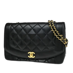 CHANEL CC Logo Diana Matelasse 25 Chain Shoulder Bag Leather Black GHW 805RK201 - Picture 1 of 18