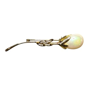 Vintage Pearl Brooch Pin Rhinestone Gold Tone Elegant Jewelry Accessory - Picture 1 of 5