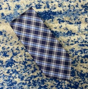 Tommy Hilfiger Blue Navy Silver Bias Plaid 100% Silk Necktie - Picture 1 of 4