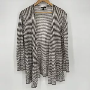 Cardigan donna Eileen Fisher misto lino nero avorio righe maglia aperta taglia SM - Foto 1 di 8