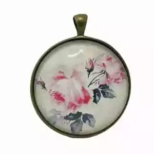 Bronze Plated 4cm Round Glass Tile Pendant, Floral, Vintage Roses, Pink - Picture 1 of 2