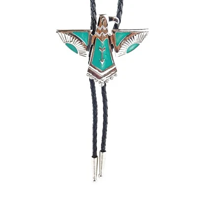 Corbata Thunderbird Eagle Bolo Plateada Esmalte Azul 36 pulgadas Cordón Negro Hecha en EE. UU. Foto 1 de 4