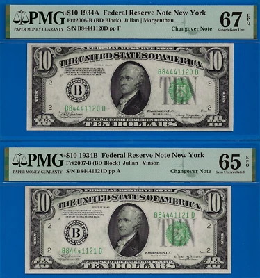 1934A 1934B $10 FRN New York PMG 67EPQ Top Pop Changeover Fr 2006-B Fr 2007-B - Image 1 of 4