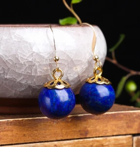 T03 Orecchini Fiore Con Lapislazzuli Blu Sfera Argento Sterling 925 Placcato Oro - Foto 1 di 6