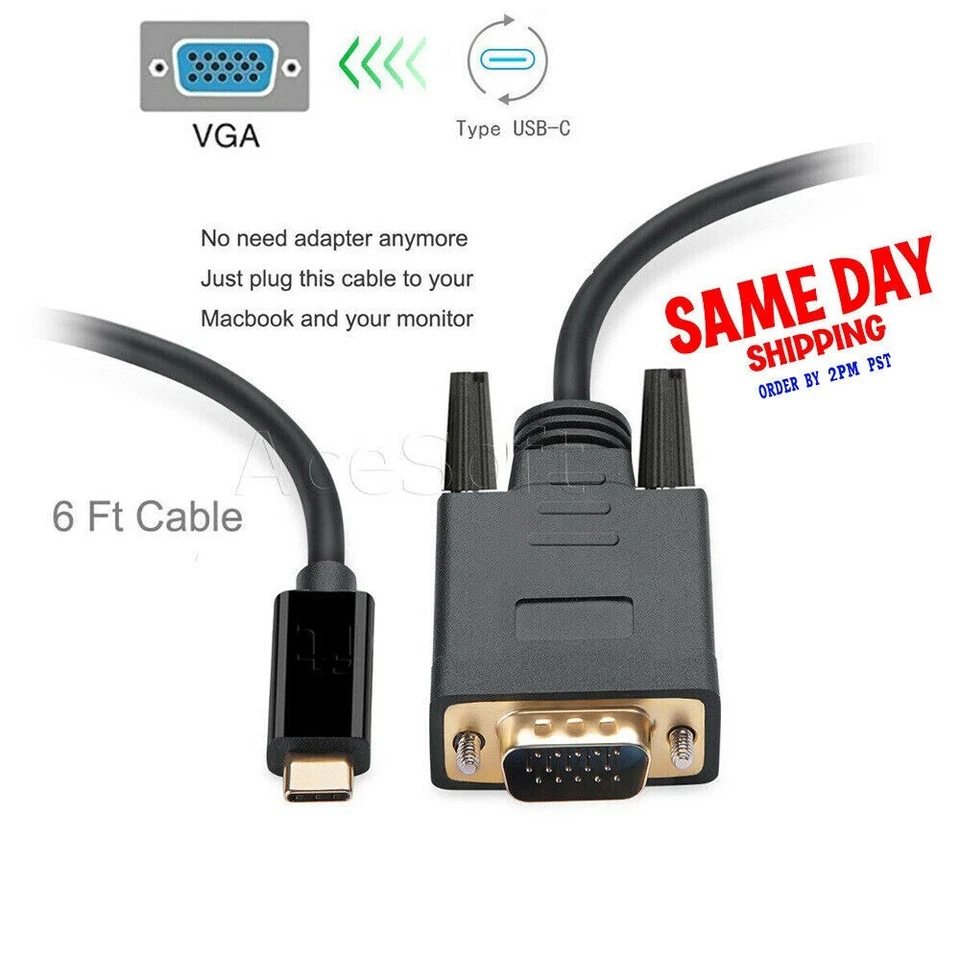 Hot USB Type C to VGA TV Cable Adapter Converter for Samsung Galaxy S9 S9+ Plus - Image 1 of 1