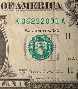 2017 A $1 bill fancy serial, future date note June 23, 2031. K 06232031 A - Picture 1 of 3