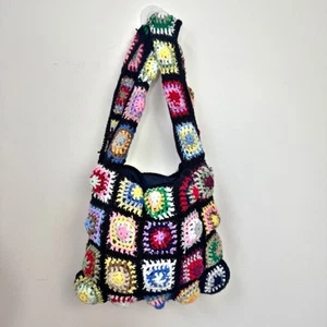 Bolso de Hombro Cuadrado Crochet Granny Negro Hecho a Mano Bohemio - Imagen 1 de 8
