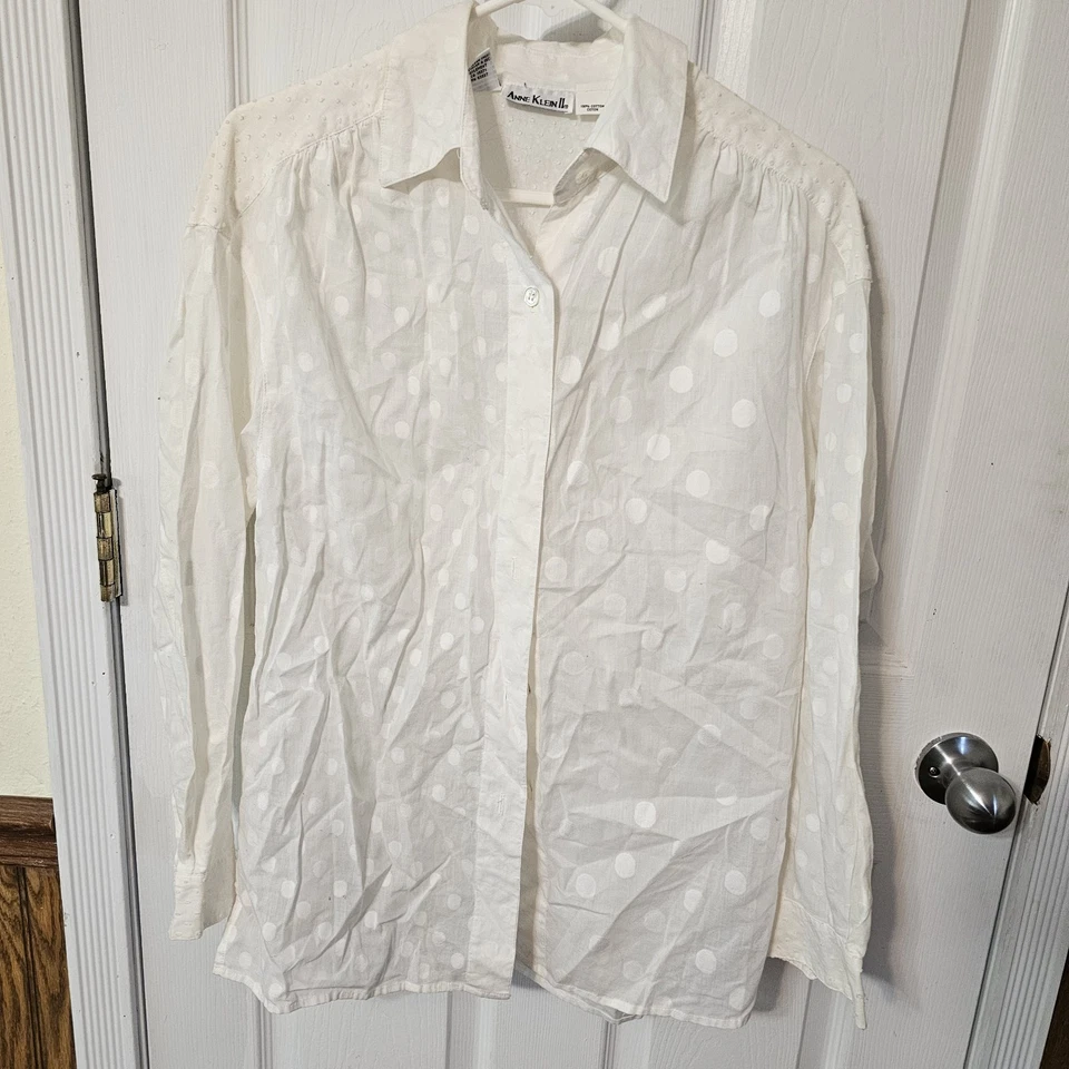 Camisa Top Vintage Anne Klein ll Para Mujer Transparente Con Botones Talla M Blanco Lunares Foto 1 de 4