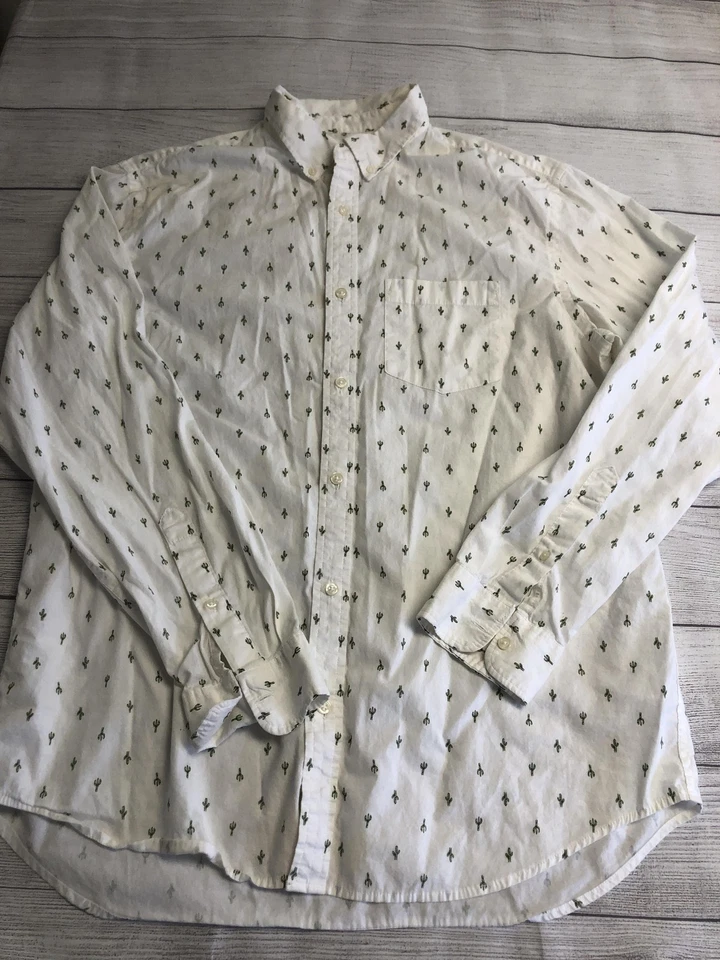 Old Navy Shirt Mens XL Tall White Green Cactus Print Button Down Built-In Flex - Image 1 of 4