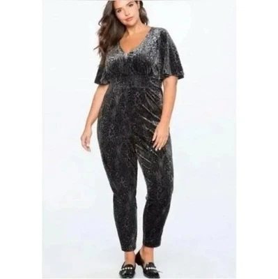 Eloquii Leopard Cheetah Velour Velvet Gray V-Neck Jumpsuit Party Cocktail Sz 16 - Image 1 of 4