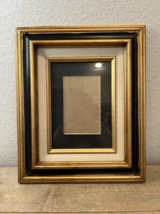 Vintage Gold Black Wood Picture Frame Cream Linen Black Mat 11x9 Fits 4x3 Photo - Picture 1 of 10