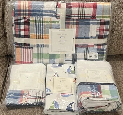 Edredón de cuna Pottery Barn Kids Madrás falda de cuna falsa Hudson velero sábana de cuna Foto 1 de 4