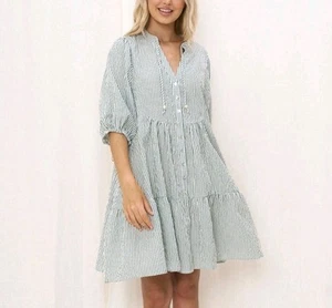 Iris Maxi Babydoll Dress Womens 14 Green Stripe Flare Button Front Boho Peasant - Picture 1 of 23