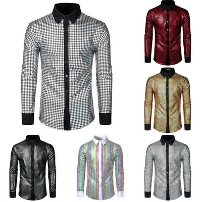 Fashion Sequins Glitter Shirt Mens 70s Disco Party Costume Performance Shirt - Image 1 of 4