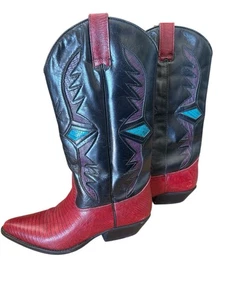 Trennis Black & Red Leather Lizard Cowgirl Boots Size 7M Travel Concert Nashvil - Picture 1 of 9