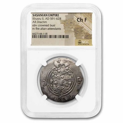 Imperio Sasánida AR Dracma Rey Khusru II (591-628 DC) CH Fino NGC Foto 1 de 3