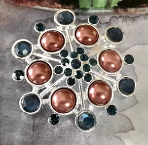 Vintage Bronze & Blue Cabochons Rhinestones Silver Tone Snowflake 2"Brooch Pin - Picture 1 of 7