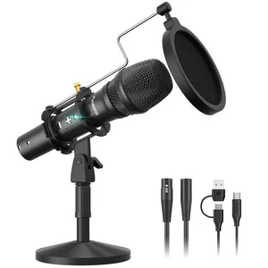USB/XLR Podcast Microfono Dinamico, Kit Microfono da Studio con Controllo Volume, Shock... - Foto 1 di 9