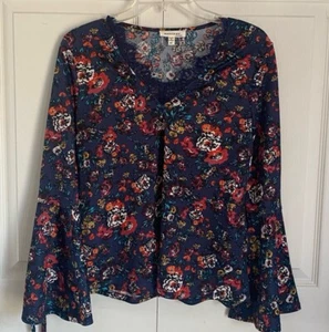 Monteau Boho Blouse Floral Long Bell Sleeve Blue M Women's Top Peasant Medium - Picture 1 of 6