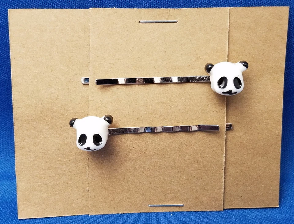 PANDA BEAR Mini HEAD Animal Handmade Bobby PIn Hair clips - Set of 2 SALE - Image 1 of 1