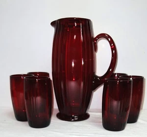 New Martinsville OSCAR RUBY RED 10" PITCHER & 6- 4 1/2" TUMBLER SET - Picture 1 of 2
