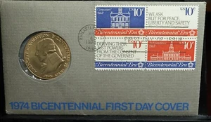 1974 BICENTENNIAL FIRST DAY COVER BRONZE MEDAL JOHN ADAMS WITH STAMPS - Picture 1 of 7