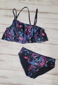 MORE THAN MAGIC GIRLS L 10-12 BLACK PINK GALAXY SWIRL FLUTTER STRAPPY SWIM SET - Picture 1 of 16