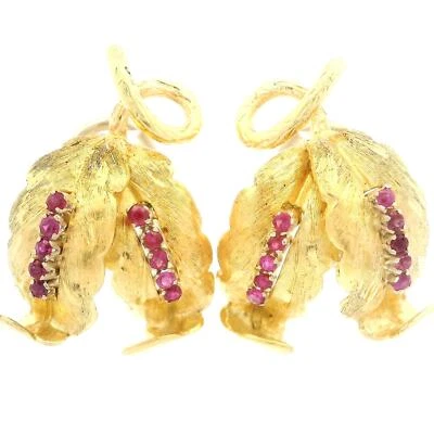Vintage 18k Yellow Gold 0.30ctw Ruby Textured Dual Leaf Omega Back Earrings - Image 1 of 4