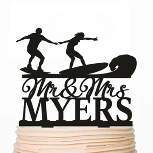 Wake Surfing Wedding Cake Topper Surfer Wakeboarding Surfing Mr and Mrs Toppers - Picture 1 of 5