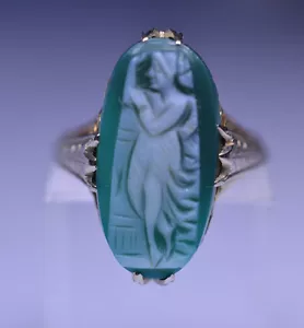 ANTIKER VIKTORIANISCHER 10K GOLD GRÜN ACHATSTEIN CAMEO FILIGRANER RING GRÖSSE 4,25 - Bild 1 von 5