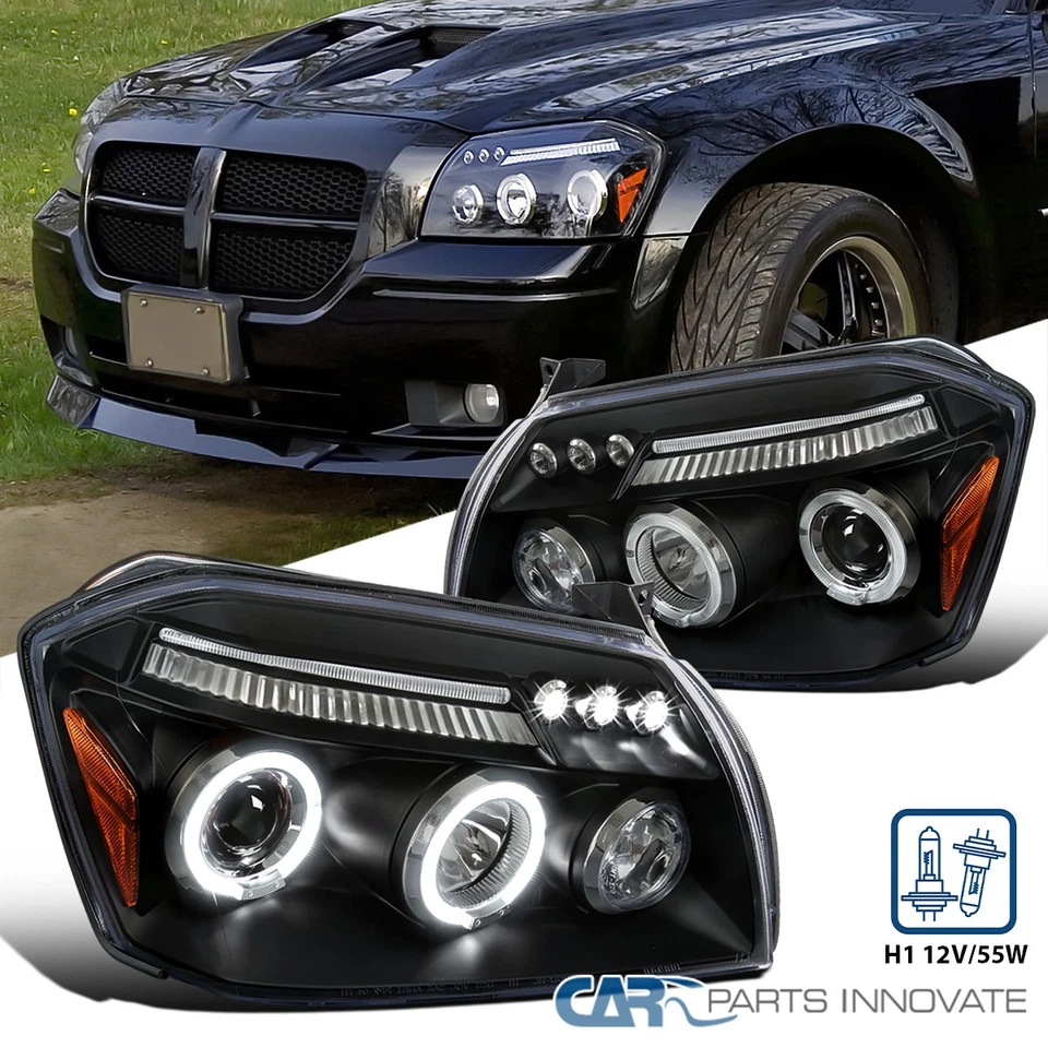 Black Fits 2005-2007 Dodge Magnum LED Halo Projector Headlights Lamps Left+Right - Image 1 of 4
