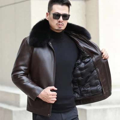 Men Genuine Leather Down Jacket Lapel Collar Winter Warm Fur Collar Warm Jacket - Image 1 of 4