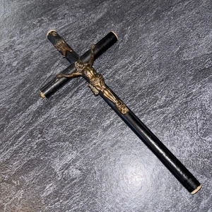 Antikes französisches viktorianisches ebonisiertes Holz/Metall Golgatha Kruzifix Ende 19. Jahrhundert - Bild 1 von 24