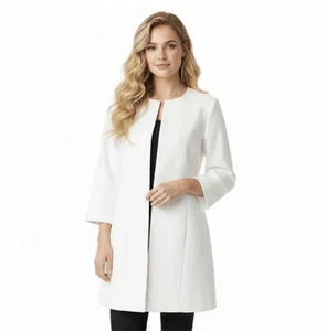 Le Suit Ivory Jacquard Long Blazer Jacket 6 Winter White Collarless Career NWT - Foto 1 di 7