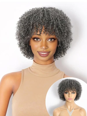 Peluca corta rizada con flequillo pelucas de sal y pimienta para mujer cabello humano lista para usar Foto 1 de 4