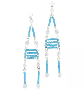 Bright Blue Clear Beaded Silver Tone Long Dangle Chandelier Earrings Pierced 3" - Picture 1 of 2