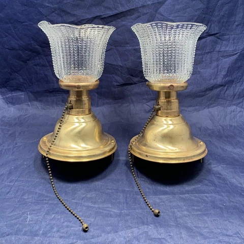 Wired Pair Antique Flush Mount Fixtures Raw Brass Patina Hand Blown Shades 41E Cover