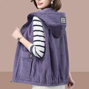Women Casual Corduroy Vest Jacket Plus Size Coat Hooded Waistcoat Gilet Pockets - Picture 1 of 15