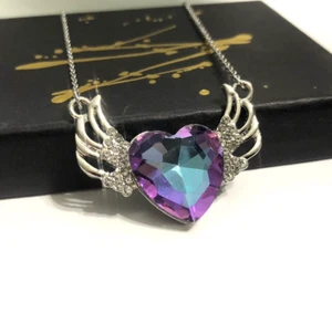 Heart Shaped Angel Wings Pendant Necklace - Purple - Picture 1 of 6